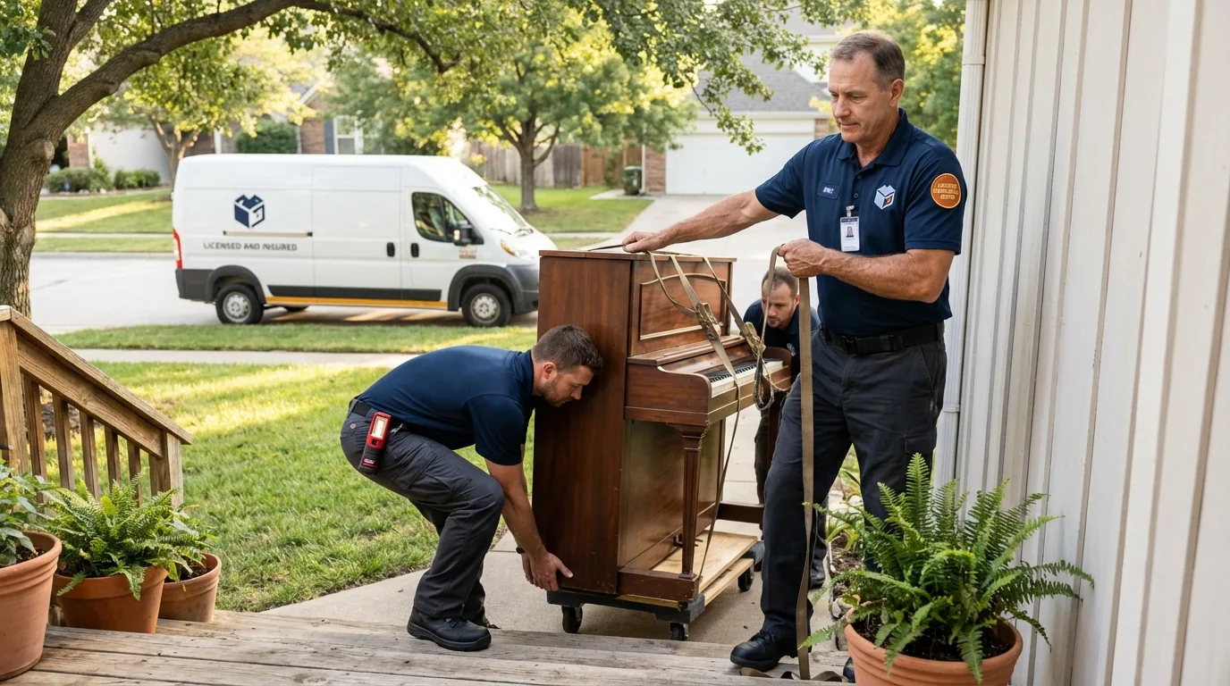 Licensed piano movers securing grand piano in Sellersburg, IN