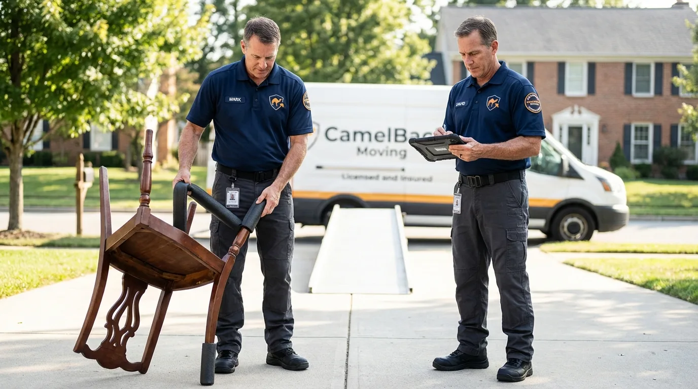 Movers inspecting furniture for damage prevention before loading in Sellersburg, IN
