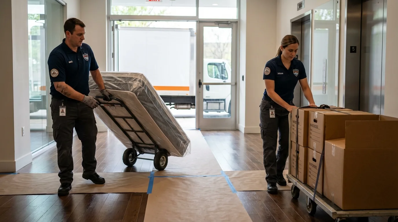 Professional apartment movers loading elevator in Sellersburg, IN